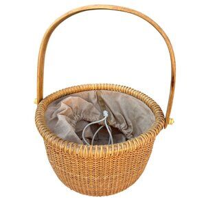 Nantucket Lightship Basket Wood  Handle Pocketed Lining 10" Tx6.75" D Handmade